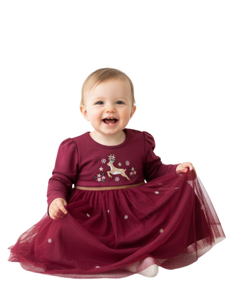 JoJo Maman Girl's Deer Applique Festive Tulle Dress in Berry Pink (Defect)