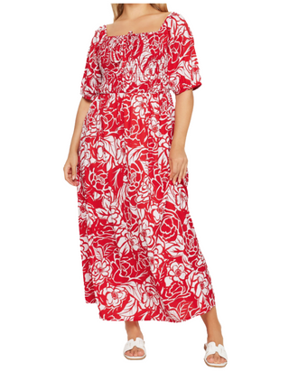 Women's Abstract Floral Print Shirred Maxi Dress in Red (Imperfect)