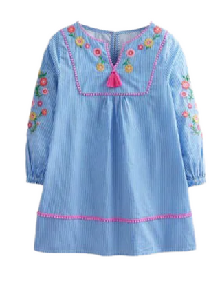 Mini Boden Girls' Striped Floral Embroidered Kaftan in Blue MIx