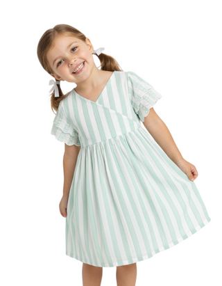 JoJo Maman Bébé Girl's Striped Frilly Dress in Green Mix
