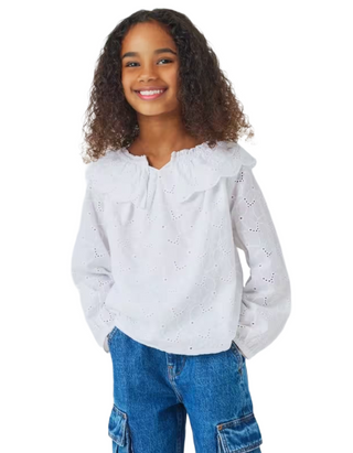 John Lewis Girls' Broderie Ruffle Collar Top in White
