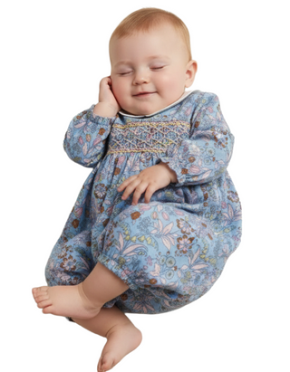 Baby Boden Kid's  Smocked Floral Romper in Blue Woodlands (Imperfect)