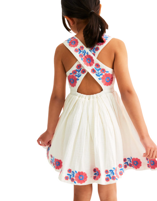 Mioni Boden Girls' Harper Cross-Back Embroidered Dress in White