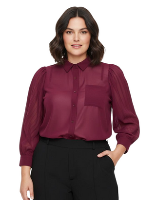 Women's Plus Size Long Pleat Sleeve Shirt in Berry Purple