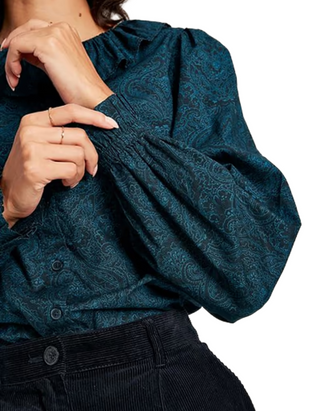 Women's Long Sleeve Fallon Waterfall Blouse in Navy Paisley