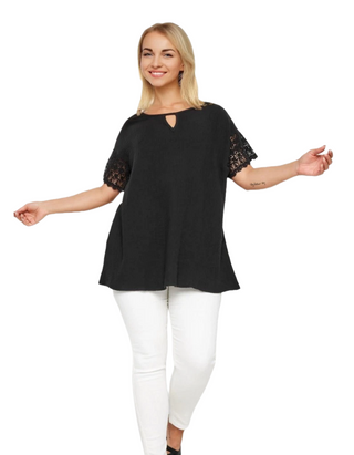 Women's Plus Size Cheesecloth Crochet Top in Black