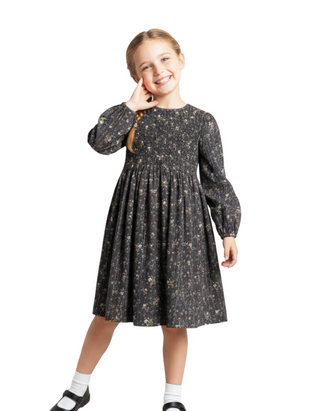 Bonton Girls' Smocked Detail Floral Faustine Lurex Dress in Charcoal Grey