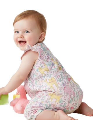 JoJo Maman Bébé Tropical Animals Pretty Ruffle Jumpsuit in Coral Pink (Imperfect)