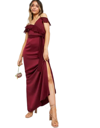 Women's Partywear Ruffle Satin Maxi Dress in Wine Pink