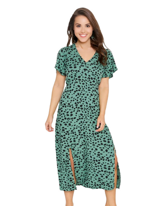 Women’s Petite SIze Animal Print Tea Dress in Green (Imperfect)