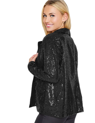 Women's Petite Sequin Long Sleeve Blazer in Black