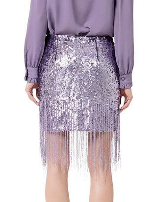 Women's All-Over Sequin Fringe Trim Skirt in Lilac