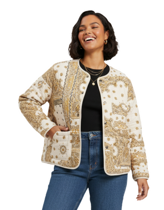 Women's Paisley Print Quilted Popper Front Jacket in Ecru/Yellow