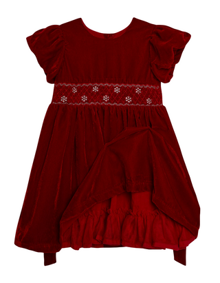 JoJo Maman Girls Smock Waist Velvet Party Dress in Red