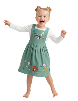 Mini Boden Girls' Cord Applique Pinafore Dress in Green