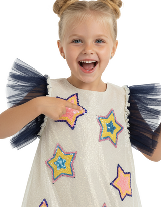 Billieblush Girls' Mesh Applique Tulle Dress in Unique Ecru