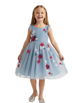 Mini Boden Girls' Flutter Flower Tulle Dress in Pastel Blue