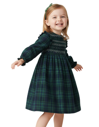 Jojo Maman Bebe Festive Tartan Smocked Dress in Green