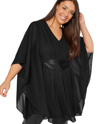 Women's Hand Embellished Waist Cape Top in Black (Imperfect)