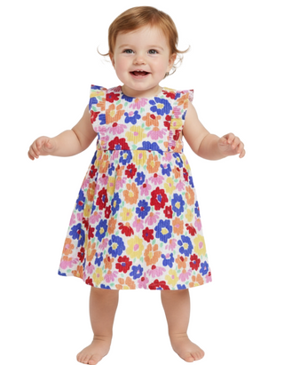 Jojo Maman Bebe Girls' Floral Frill Shoulder Summer Dress in Fucshia Pink