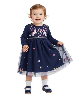 Jojo Maman Baby Unicorn Embroidered Party Dress in Navy (Imperfect)