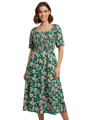 Women's Shirred Detail Floral Printed Dress - Green