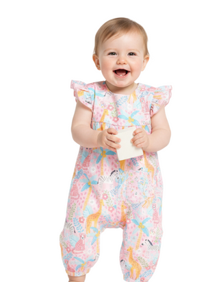 JoJo Maman Bebe Baby Safari Animals Print Pretty Sunsuit in Pink