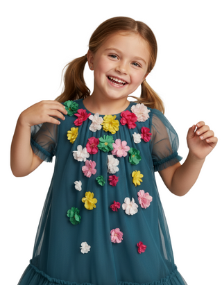 Mini Boden Girl's A line Flutter Flower Applique Dress in Blue (Imperfect)