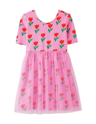 Girls' Print Tulle Skater Dress in Tulips On Fondant Pink