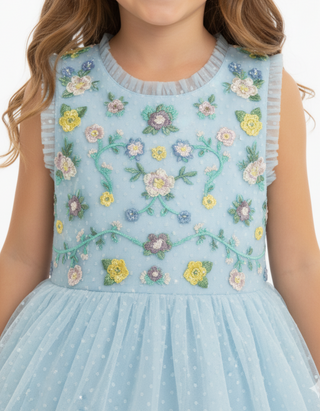 Mini Boden Girls' Embroidered Tulle Cross-Back Dress in Blue (Imperfect)