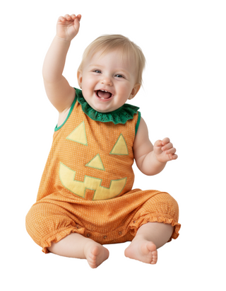 The Beaufort Bonnet Company Baby Halloween Ruffle Pumpkin Romper in Orange