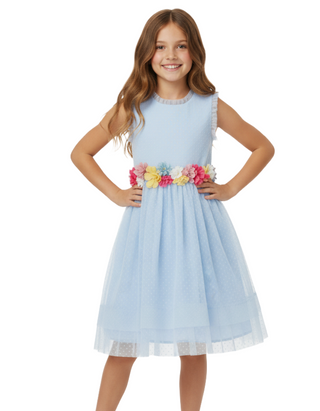Mini Boden Girl's Floral Tulle Corsage Dress in Pastel Blue