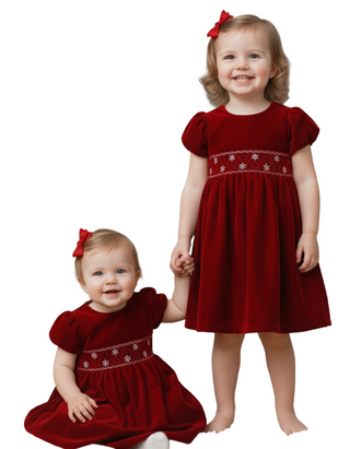 JoJo Maman Girls Smock Waist Velvet Party Dress in Red