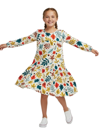 Girl's Long Sleeve Woven Twirl Dress in Ivory/Fall Foliage