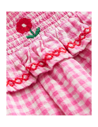 Mini Boden Girls' Gingham Embroidered Shirred Top in Pink