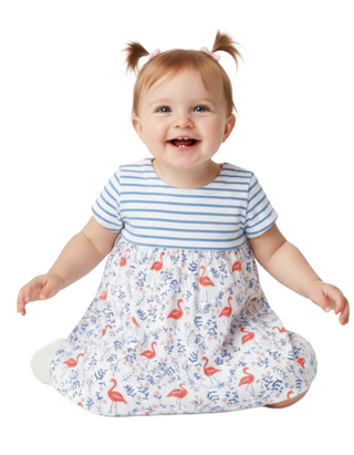 Baby Boden Short Sleeve Jersey Printed Hotchpotch Dress in Ivory/Flamingos