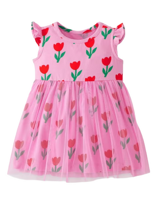 Baby Tulle Flutter Sleeve Dress in Tulips On Fondant Pink