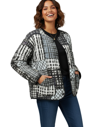 Women's Check Print Quilted Popper Front Jacket in Indigo Blue/Navy Patchwork