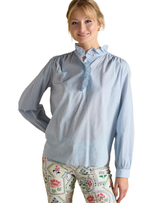 Women's Long Sleeve Melanie Striped Cotton Frill Blouse in Blue