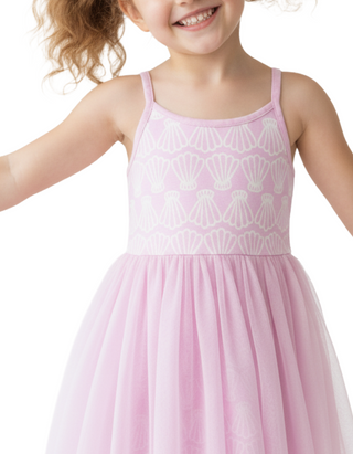 Girls' Racerback Tulle Dress in Simple Seashells on Tea Rose