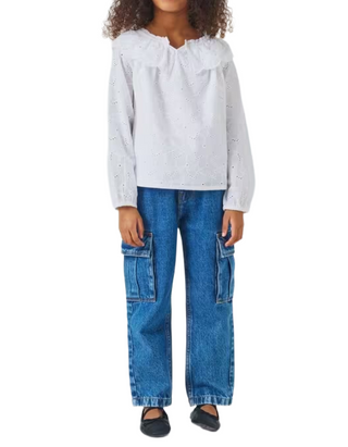 John Lewis Girls' Broderie Ruffle Collar Top in White