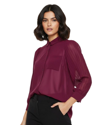 Women's Plus Size Long Pleat Sleeve Shirt in Berry Purple