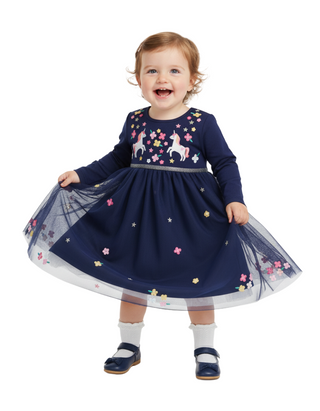Jojo Maman Baby Unicorn Embroidered Party Dress in Navy (Imperfect)