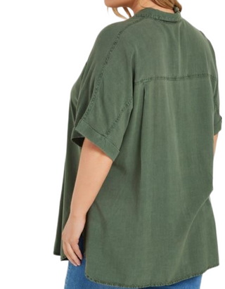 Women's Plus Size Short Sleeve Chambray Shirt in Khaki Green (Imperfect)