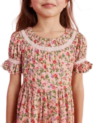 Mini Boden Girls' Printed Lace Trim Party Dress in Pink Blossom