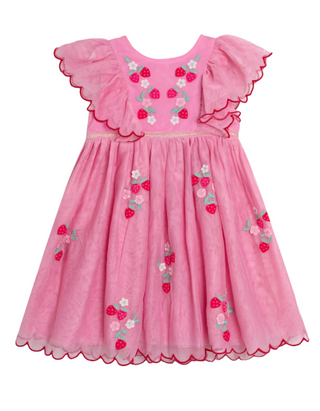 Jojo Mama Floral Scallop Sleeve Embroidered Tulle Party Dress in Strawberry Pink