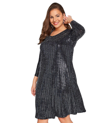 Women's Plus Size Metallic Party Swing Dress in Black