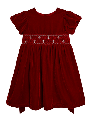JoJo Maman Girls Smock Waist Velvet Party Dress in Red