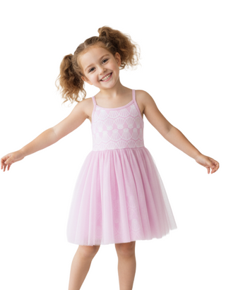 Girls' Racerback Tulle Dress in Simple Seashells on Tea Rose