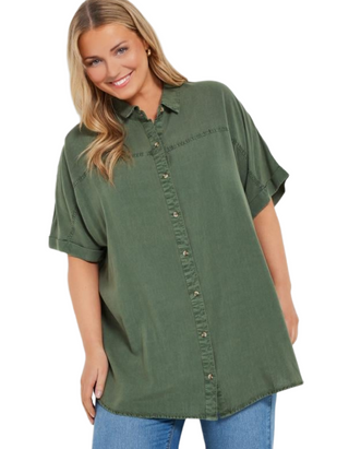 Women's Plus Size Short Sleeve Chambray Shirt in Khaki Green (Imperfect)